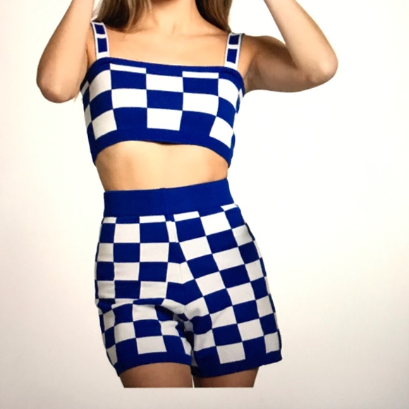 Shorts Set Crop Top Knitted Checkered Blue White 2 Piece Set Women’s Size Medium - Picture 1 of 16